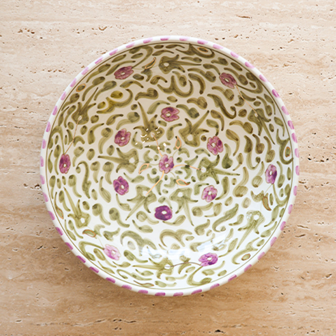 Fleur Khaki & Violet Low Salad Bowl - Medium