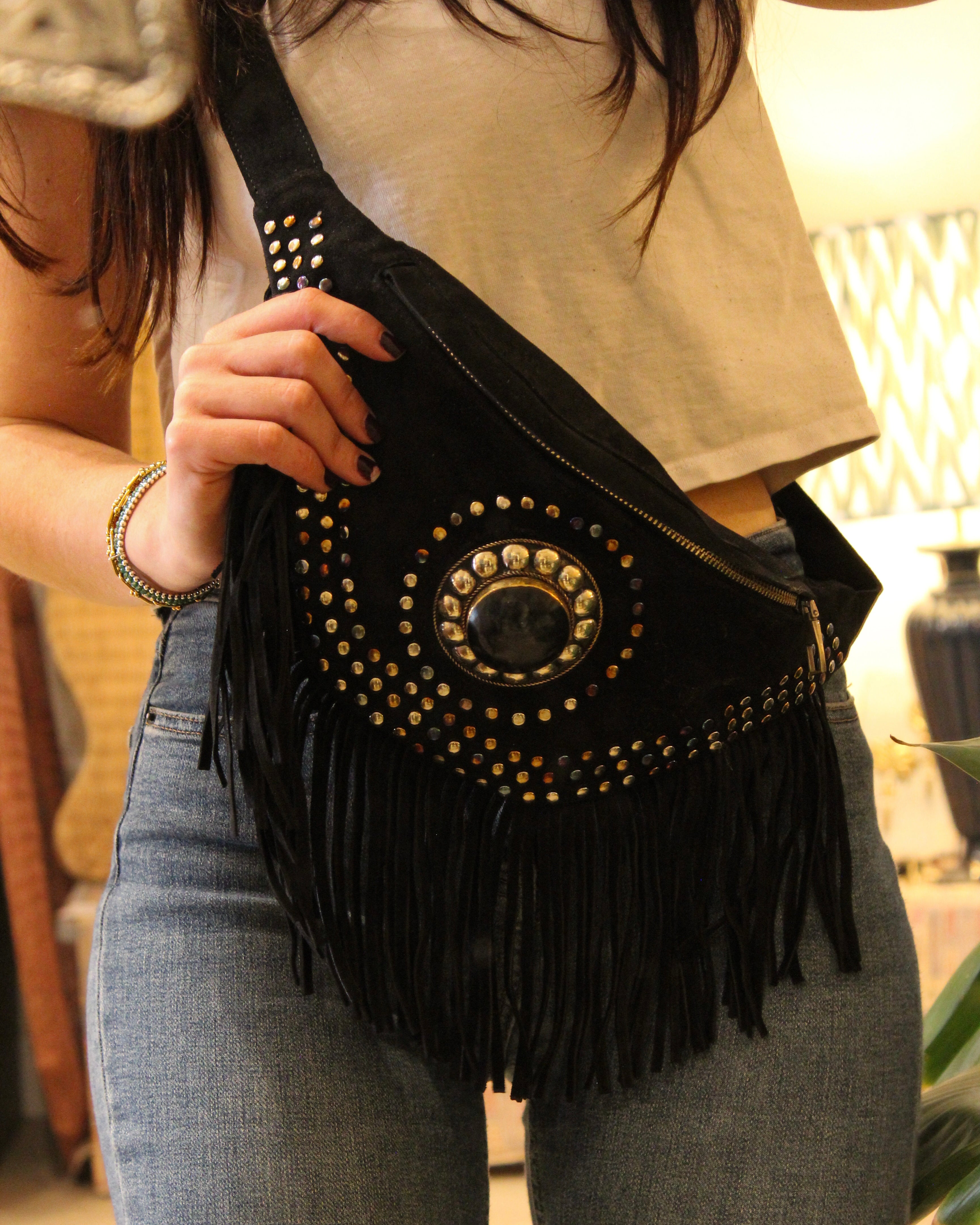 Suede Fringe Bum Bag - Black