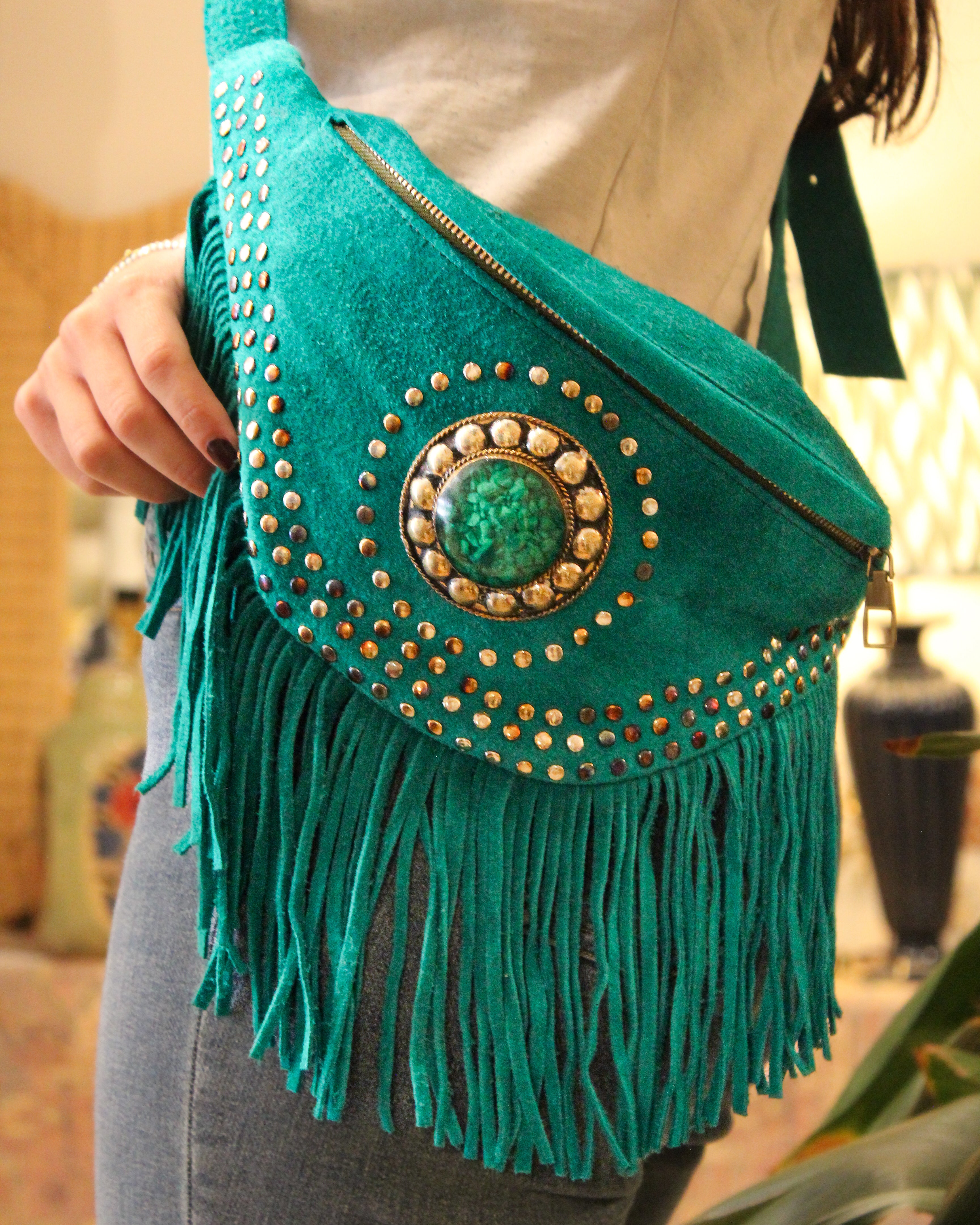 Suede Fringe Bum Bag - Sea Green