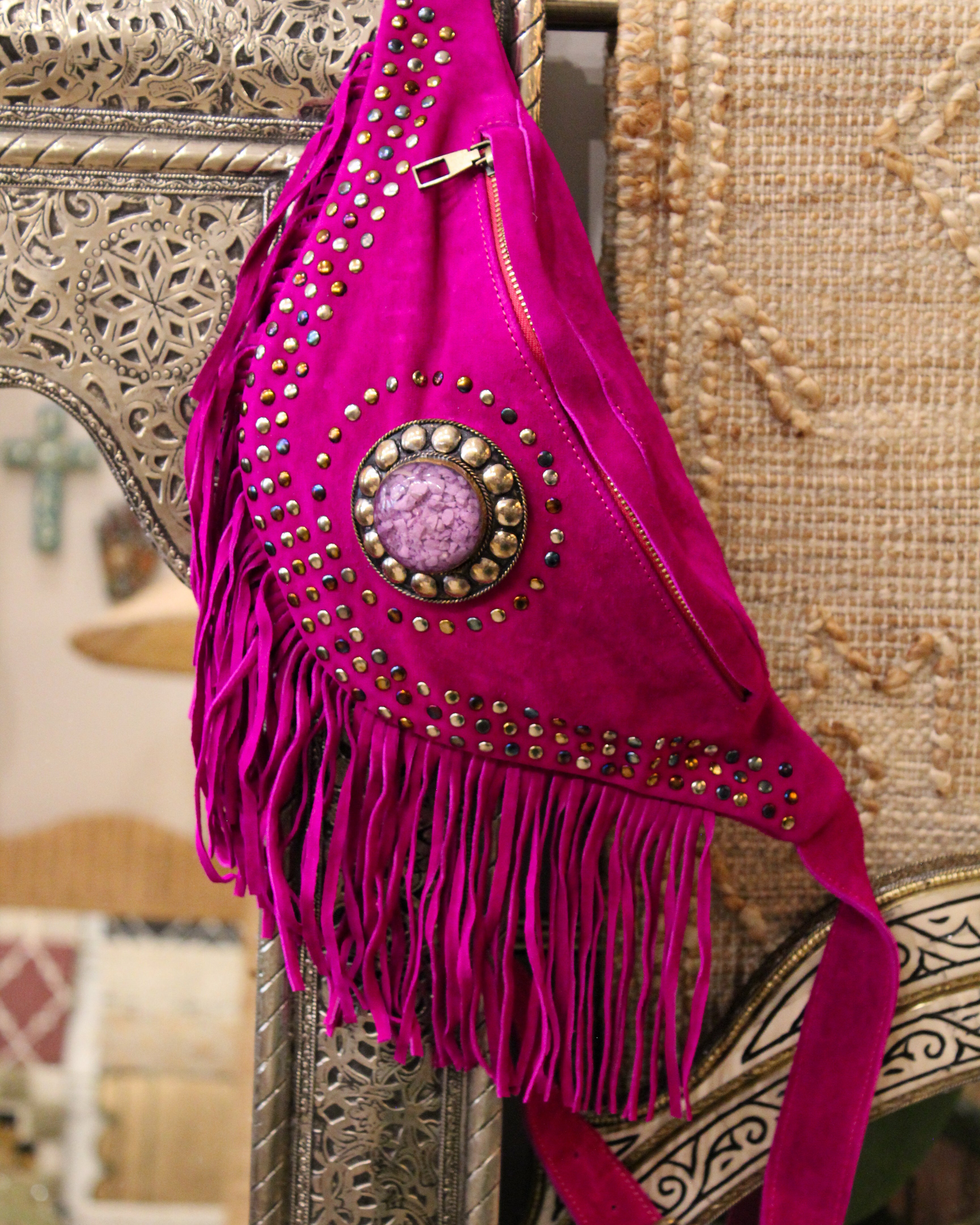 Suede Fringe Bum Bag - Magenta