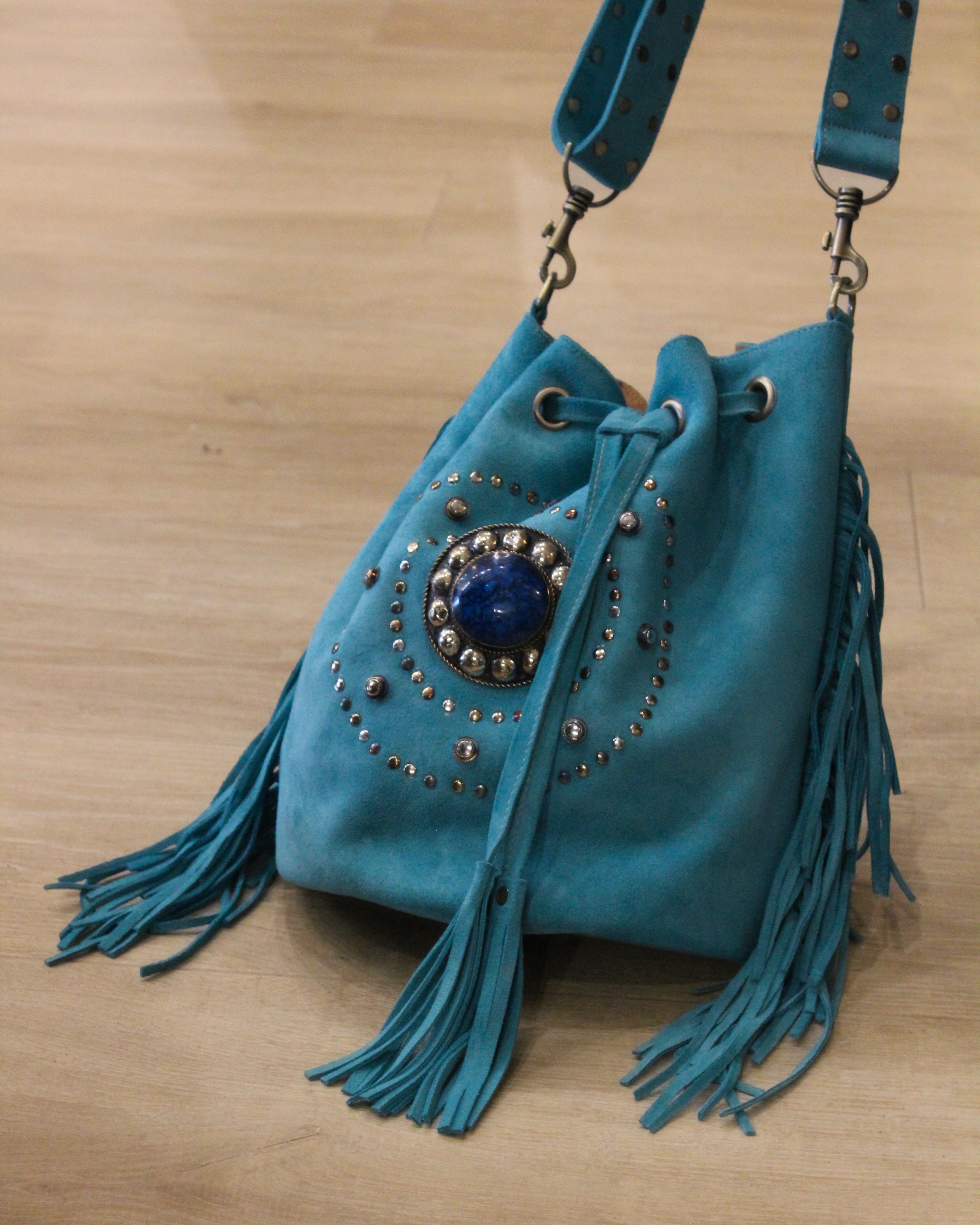 Suede Fringe Bucket Bag - Turquoise