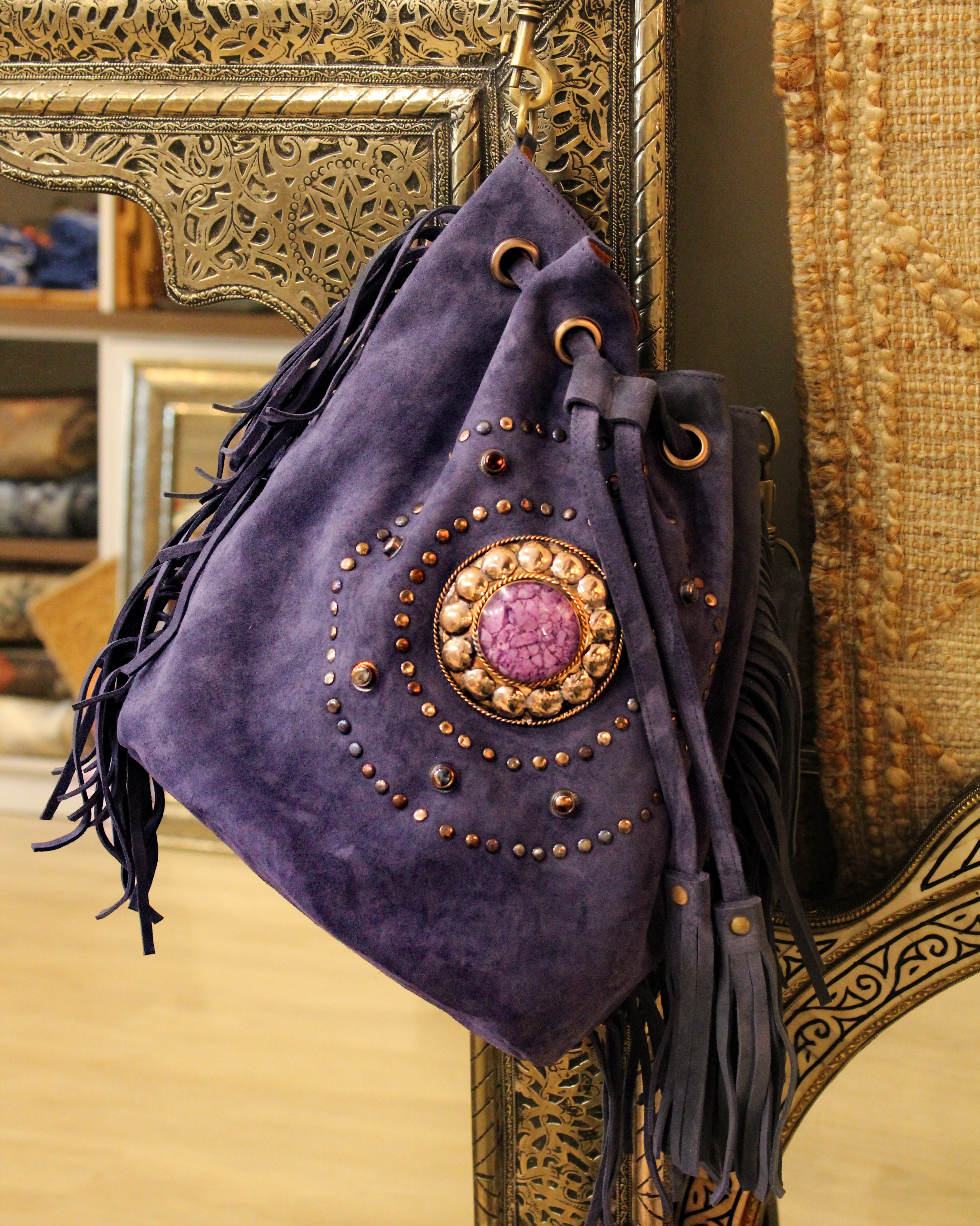 Suede Fringe Bucket Bag - Violet