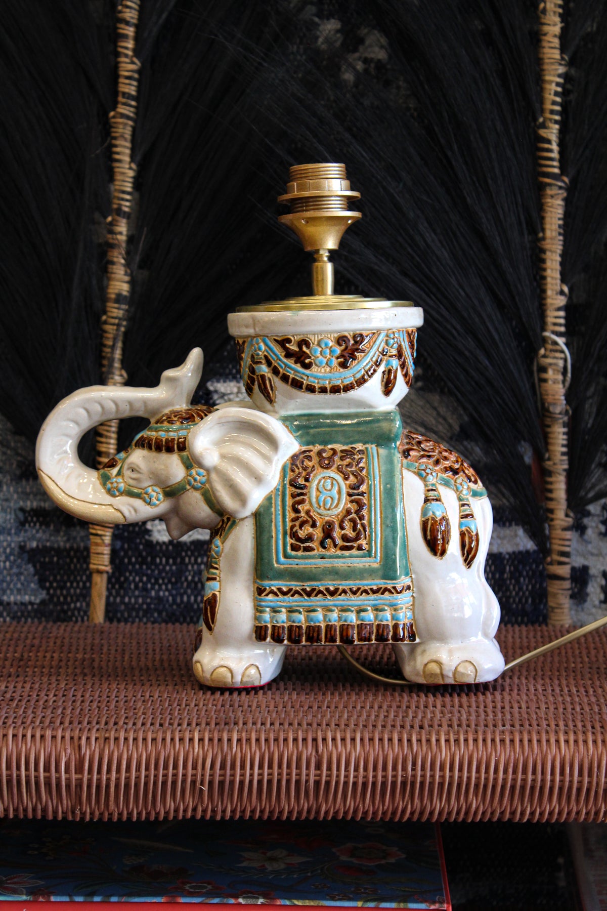 Vintage Elephant Lamp Base - White/Turquoise