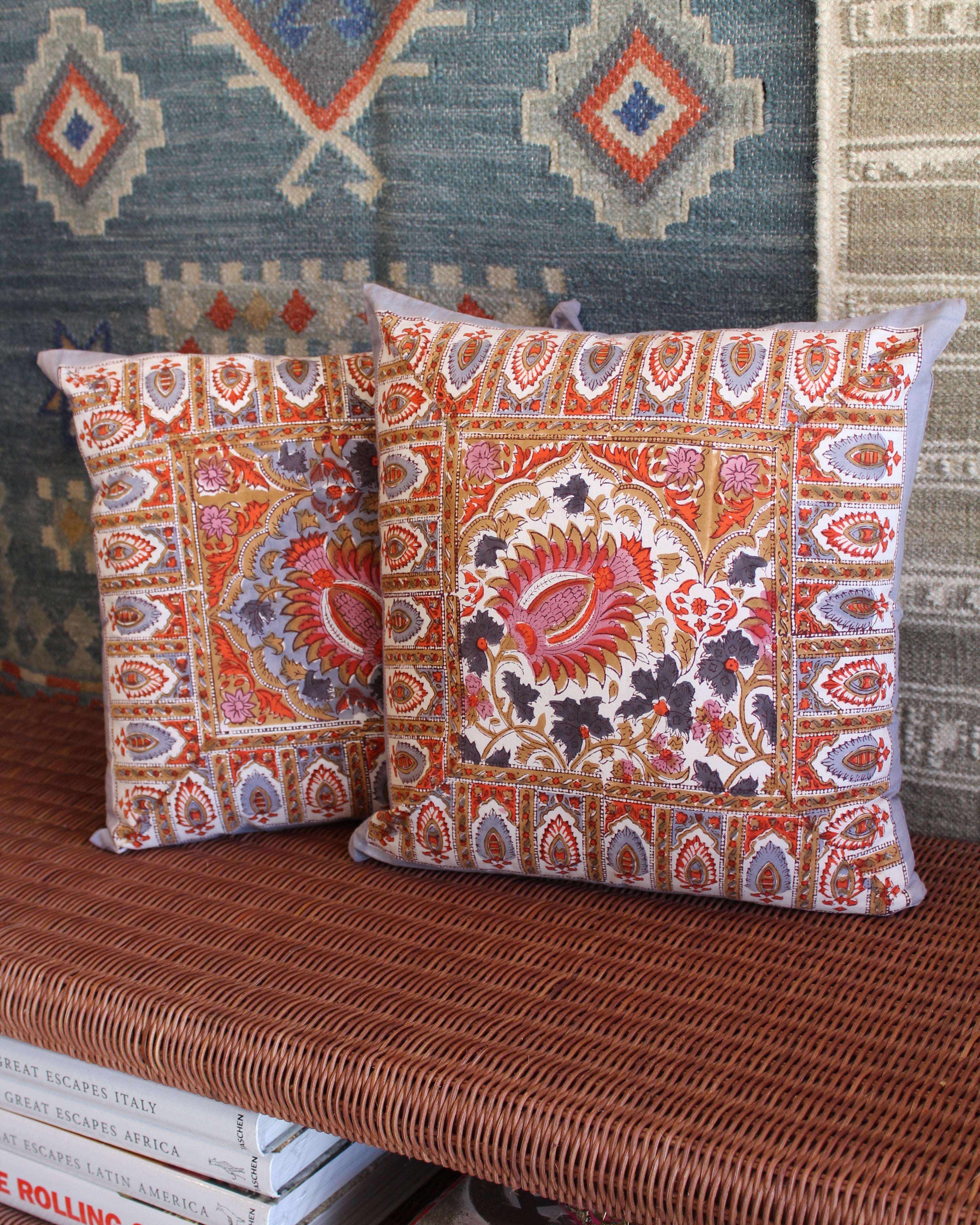 Blockprint Cushion Cover Set - Violet & Tangerine Garden