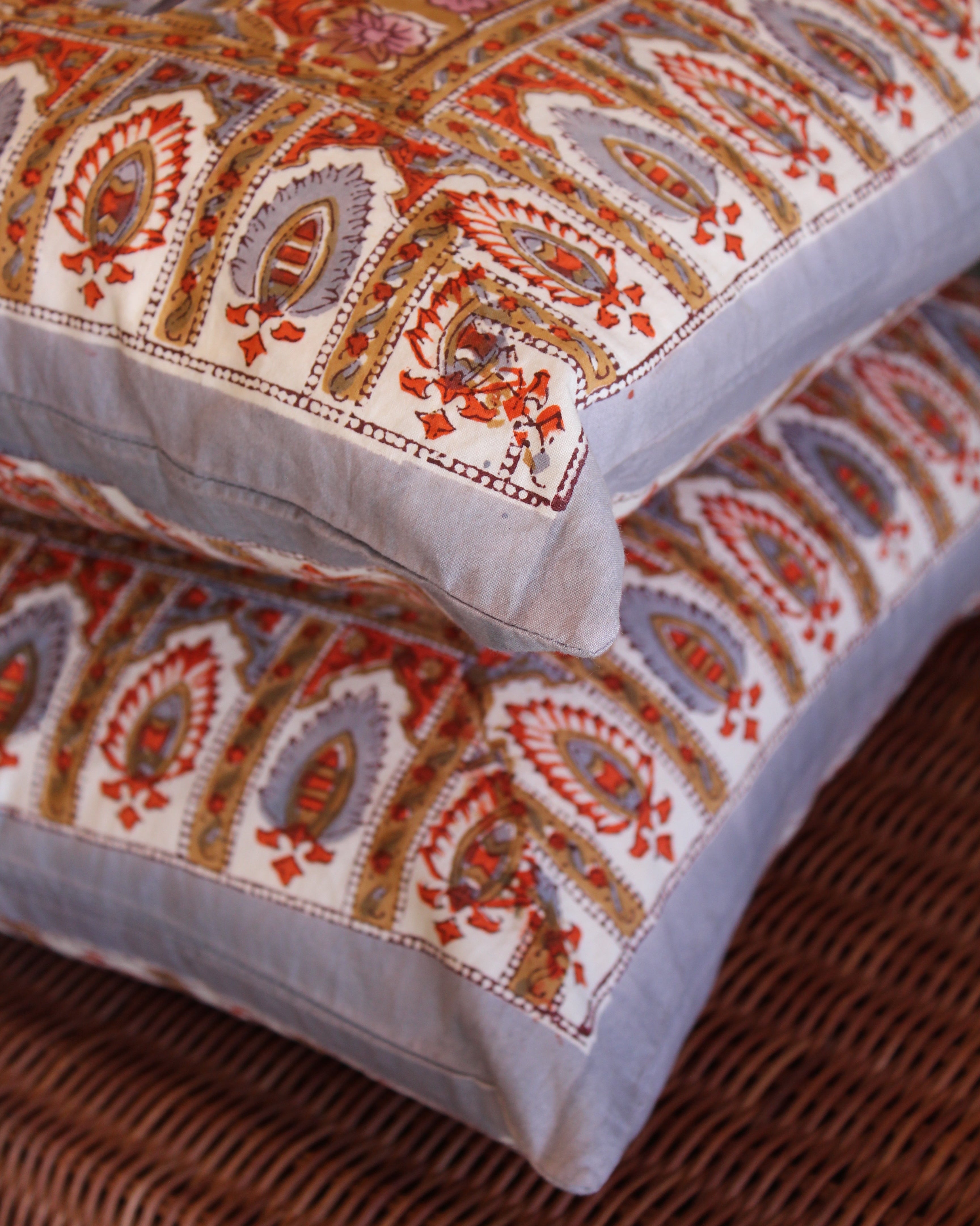 Blockprint Cushion Cover Set - Violet & Tangerine Garden