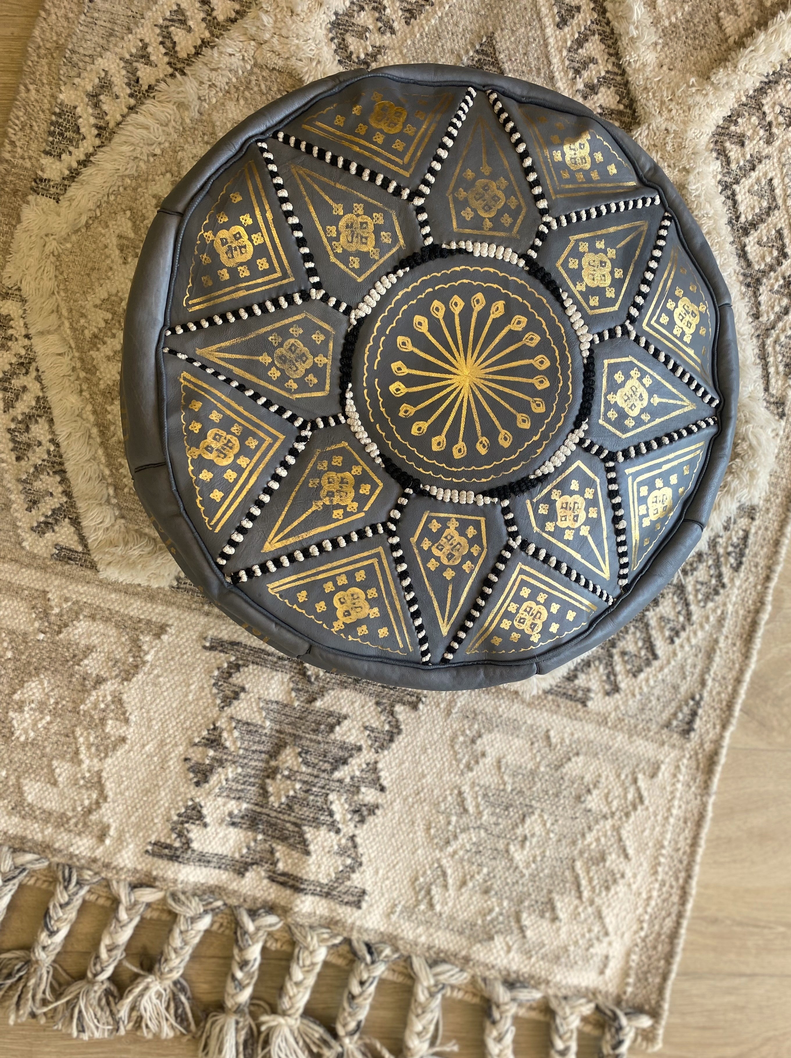Moroccan Leather Pouffe - Grey Gold