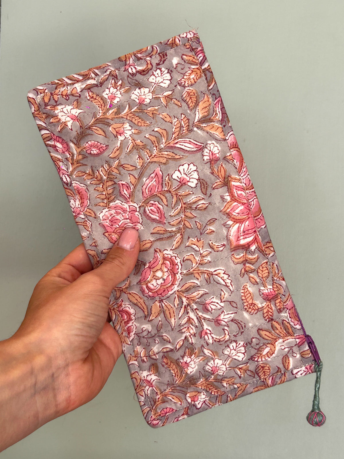 Blockprint Flat Pouch - Pink & Grey Floral
