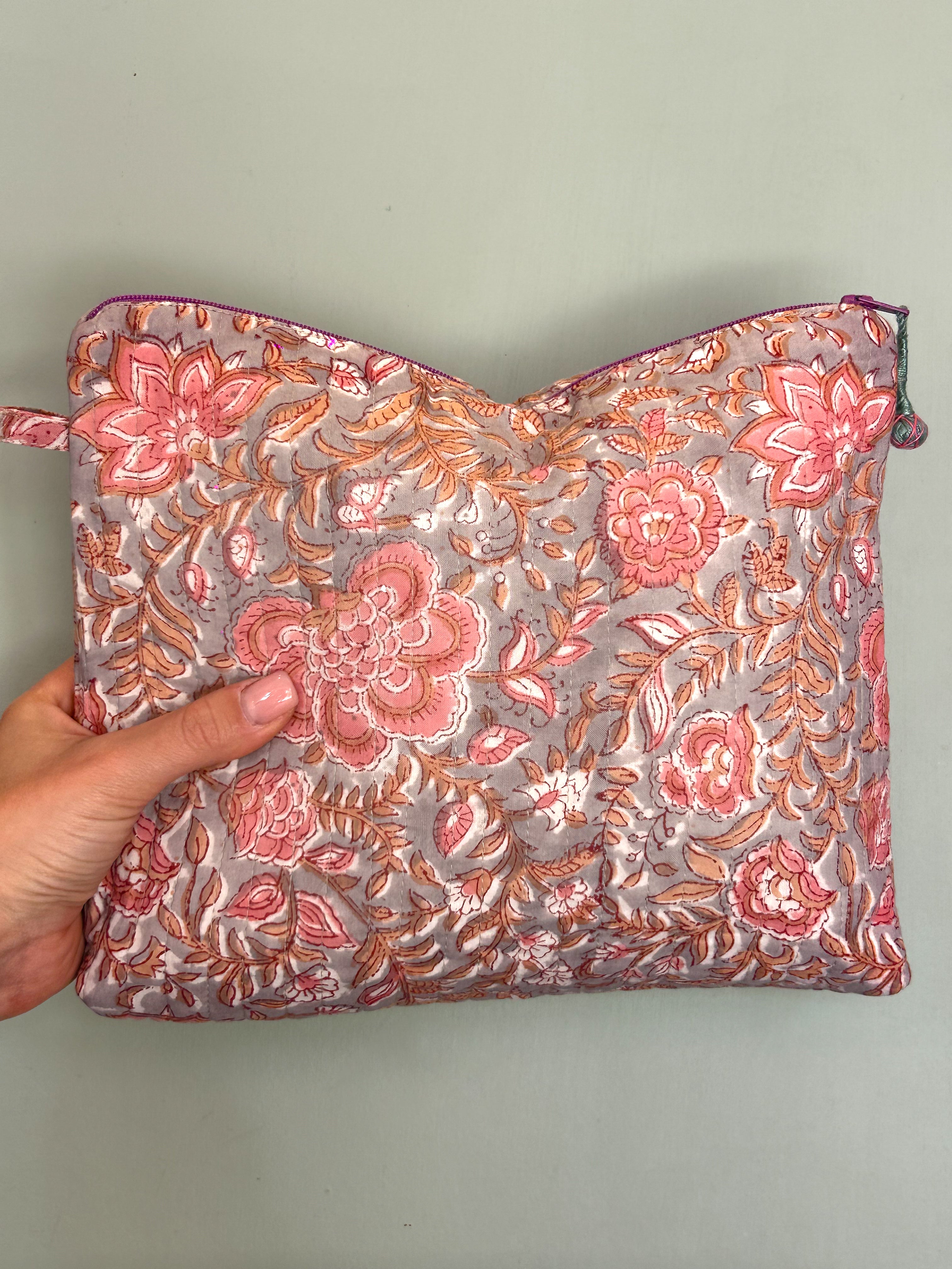 Blockprint Washbag - Pink & Grey Floral