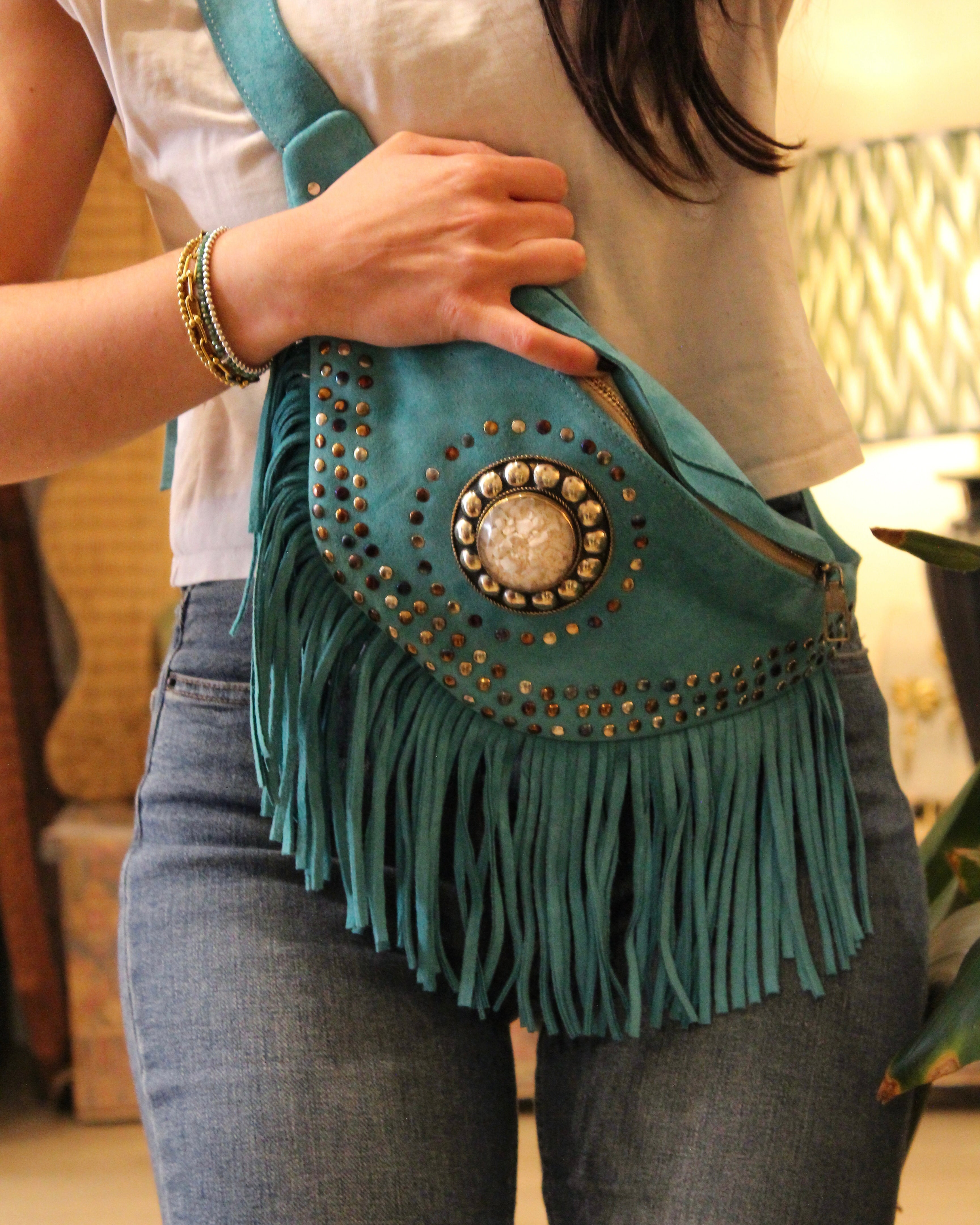 Suede Fringe Bum Bag - Turquoise