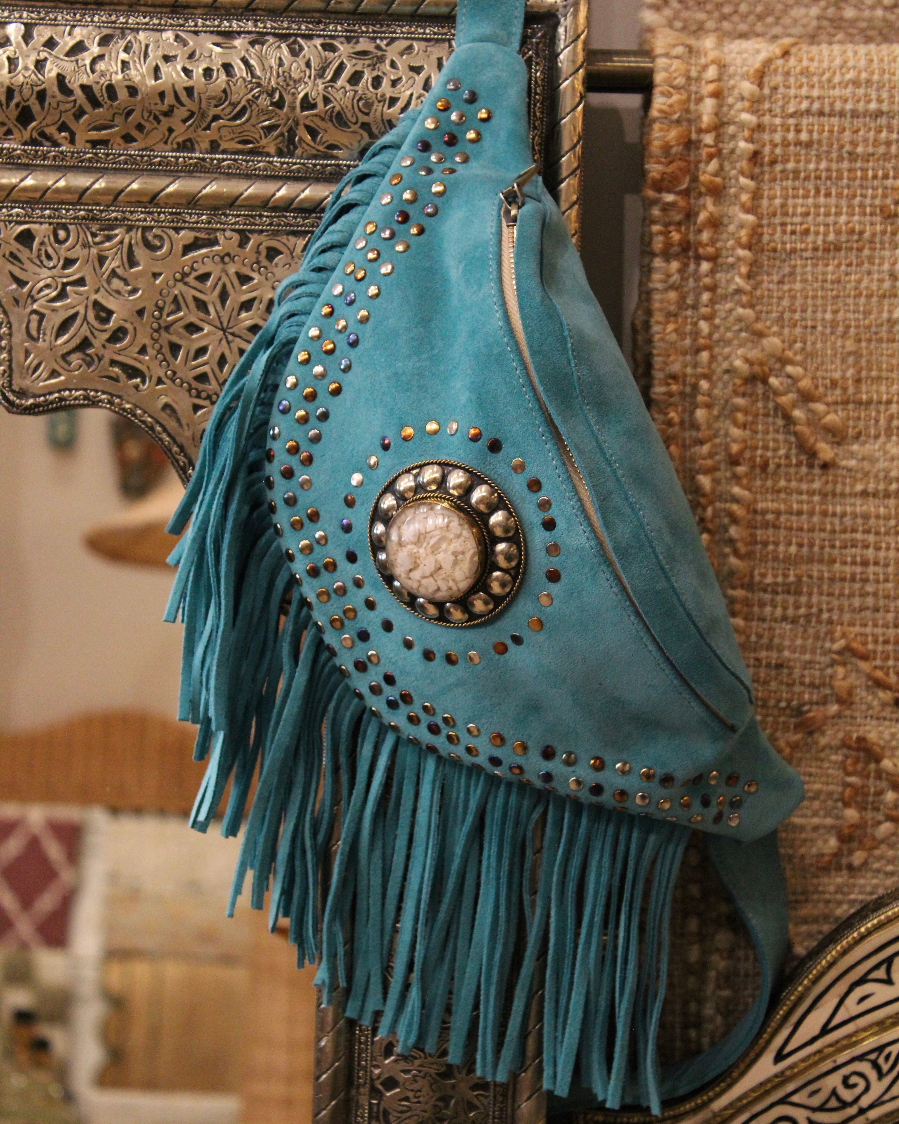 Suede Fringe Bum Bag - Turquoise
