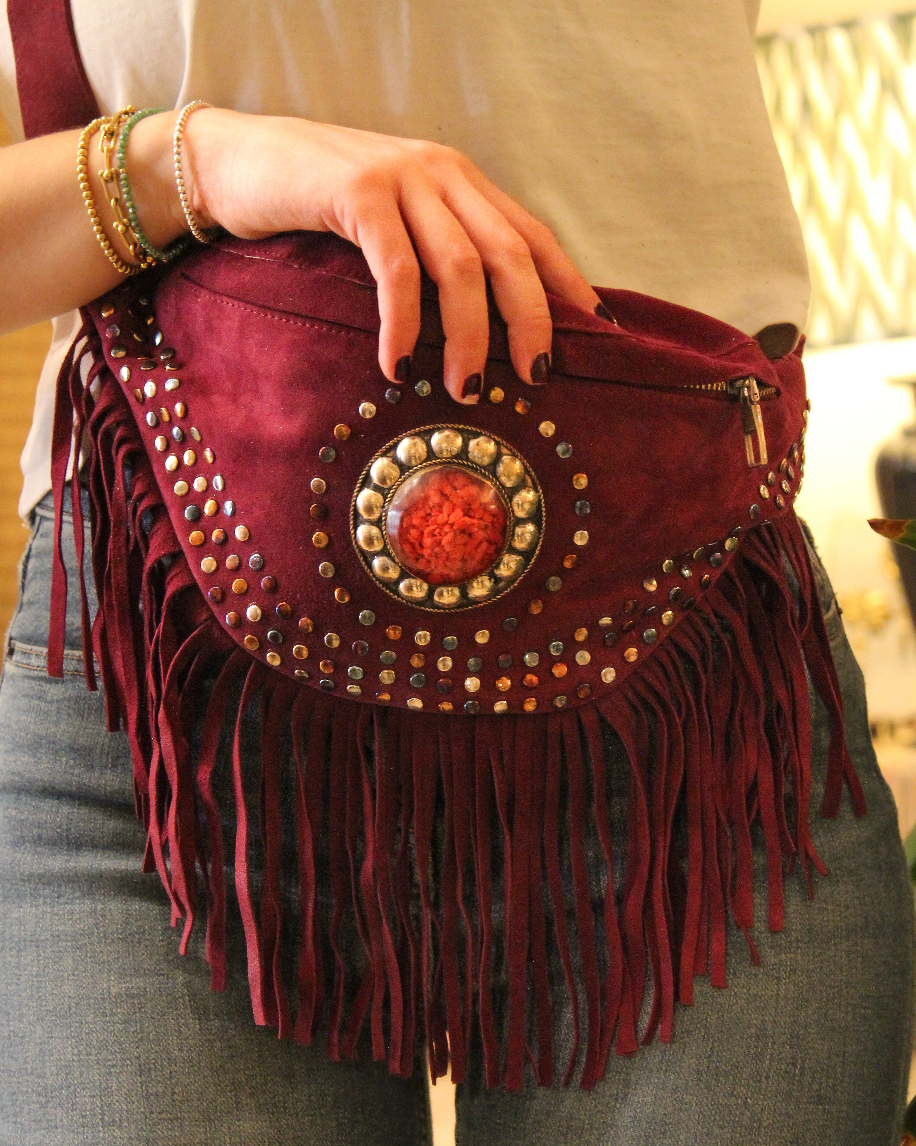 Suede Fringe Bum Bag - Maroon