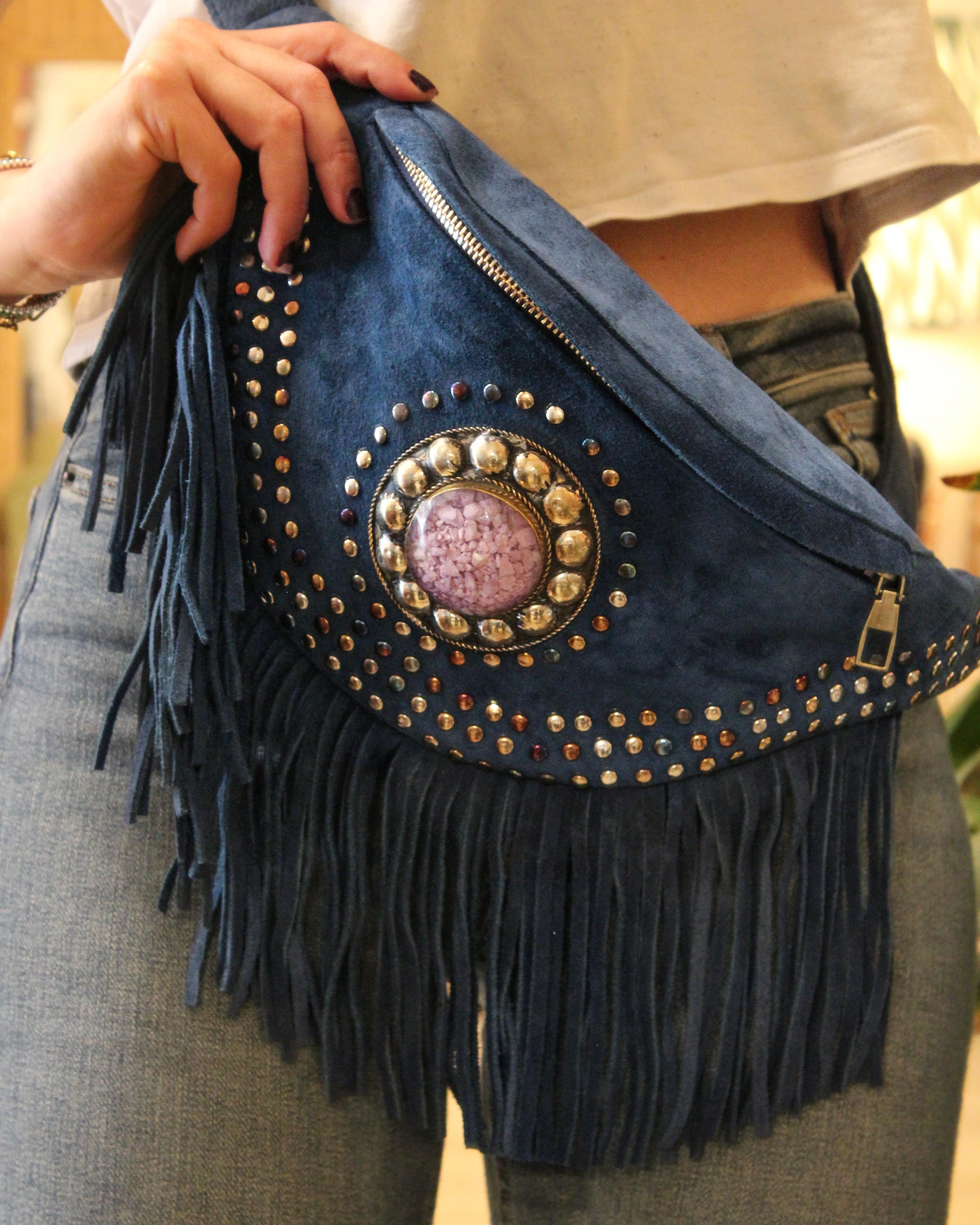 Suede Fringe Bum Bag - Teal Blue
