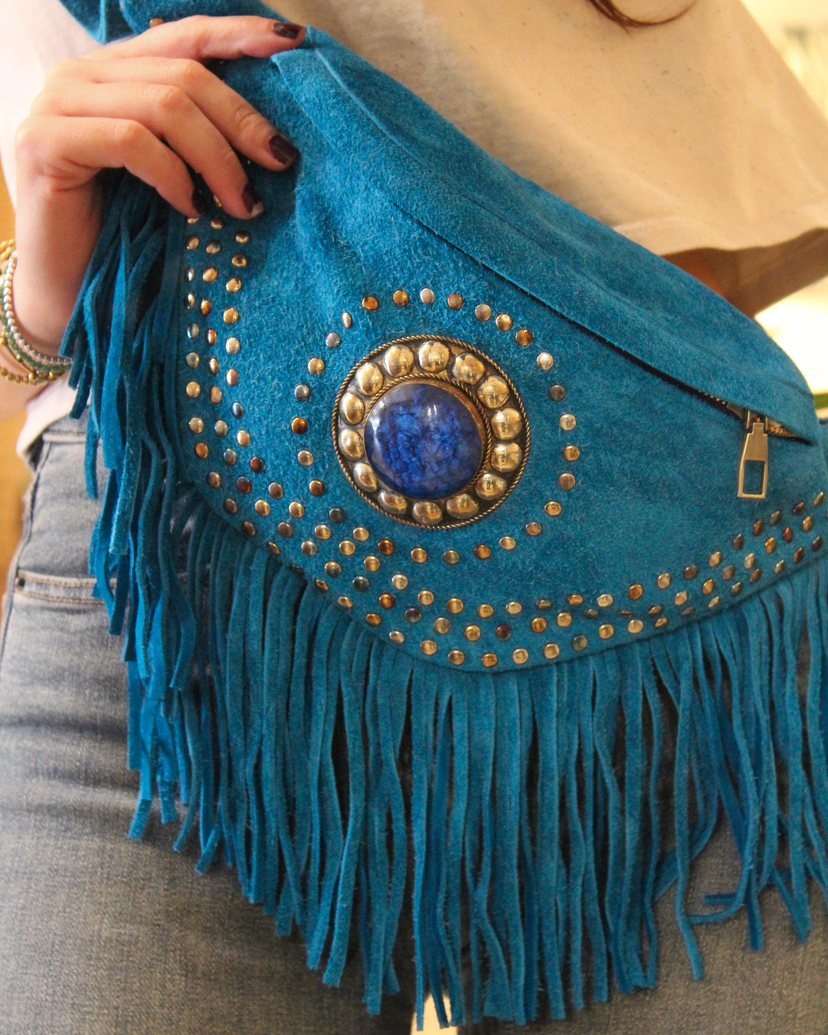 Suede Fringe Bum Bag - Azure Blue