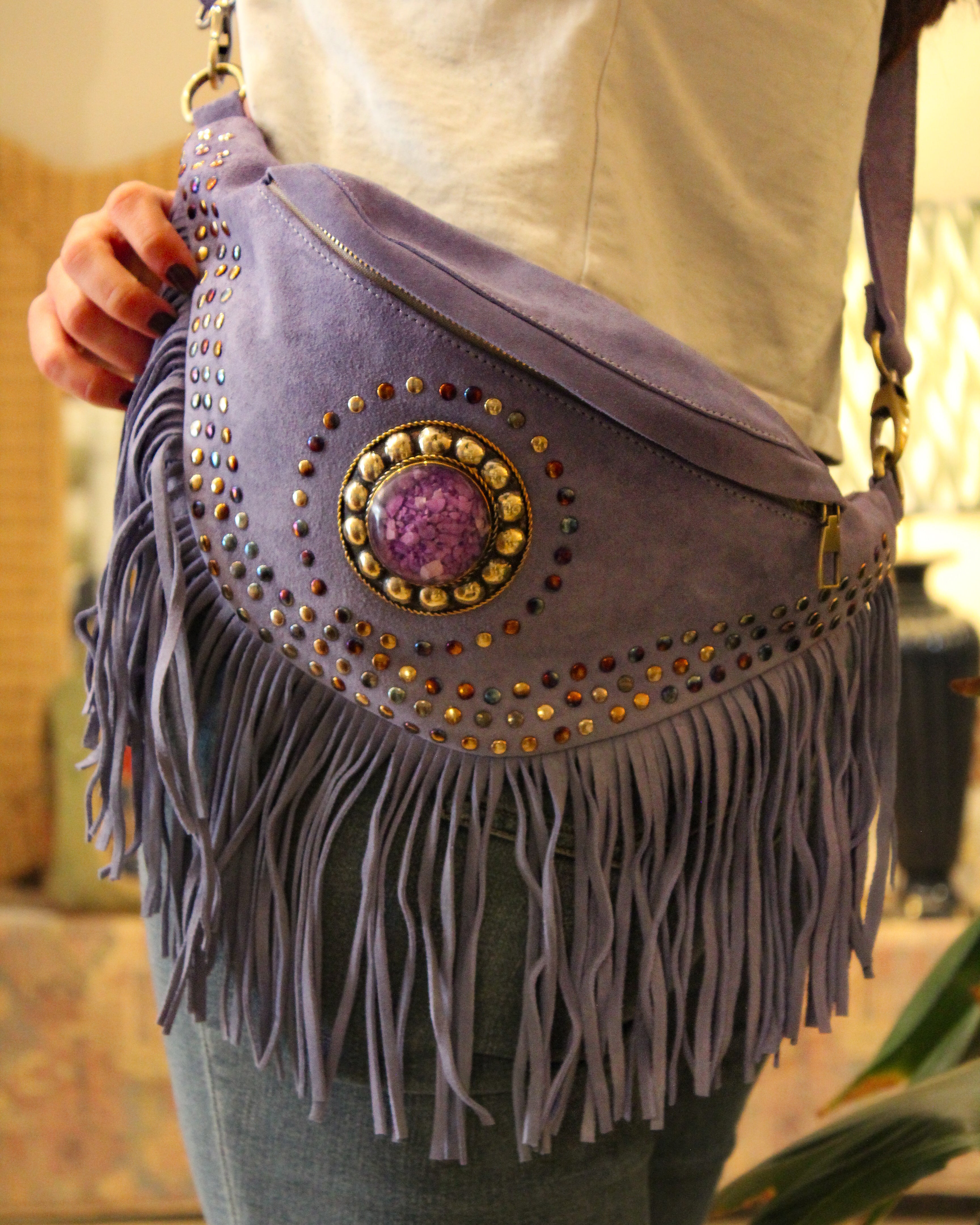 Suede Fringe Bum Bag - Lilac