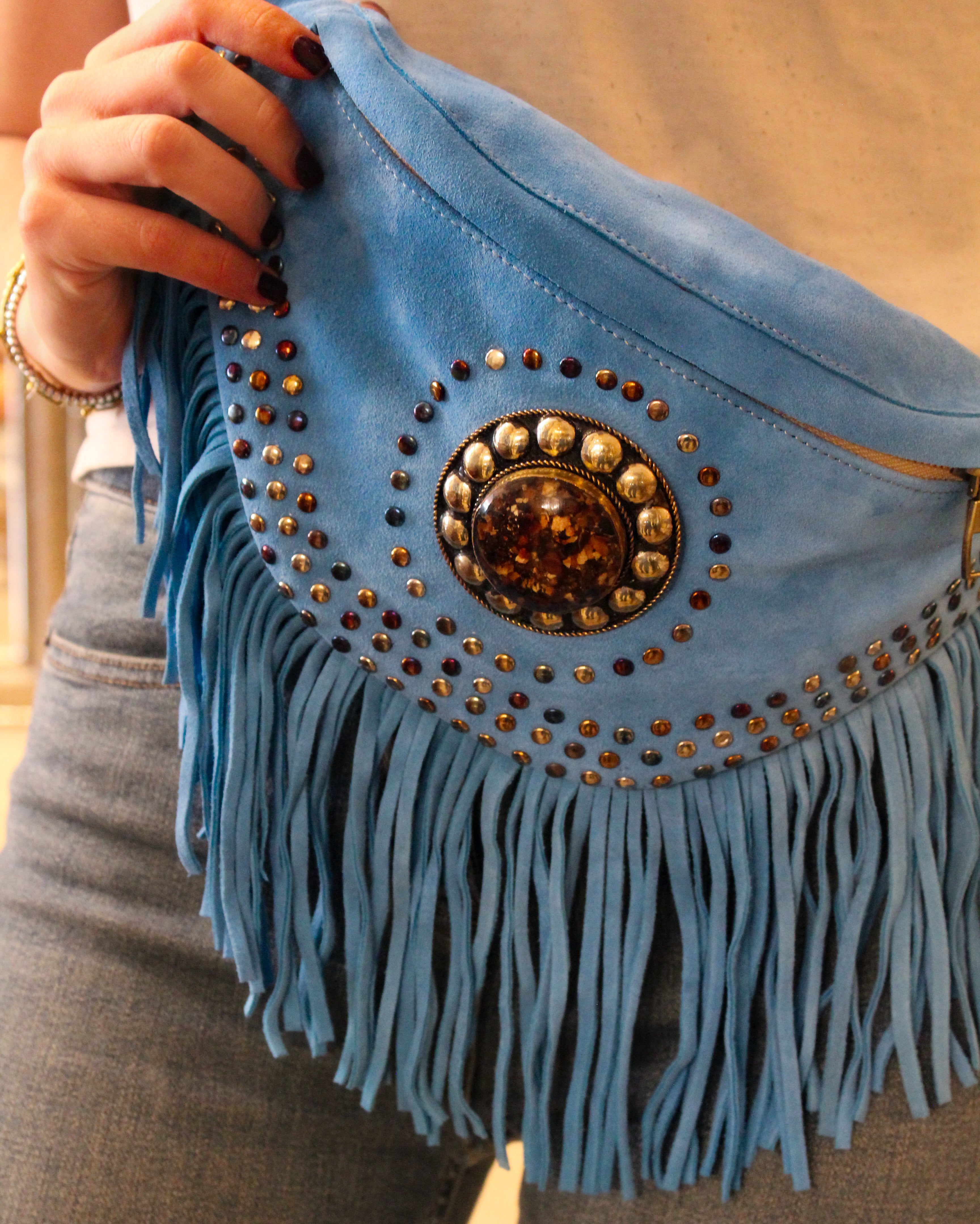Suede Fringe Bum Bag - Sky Blue