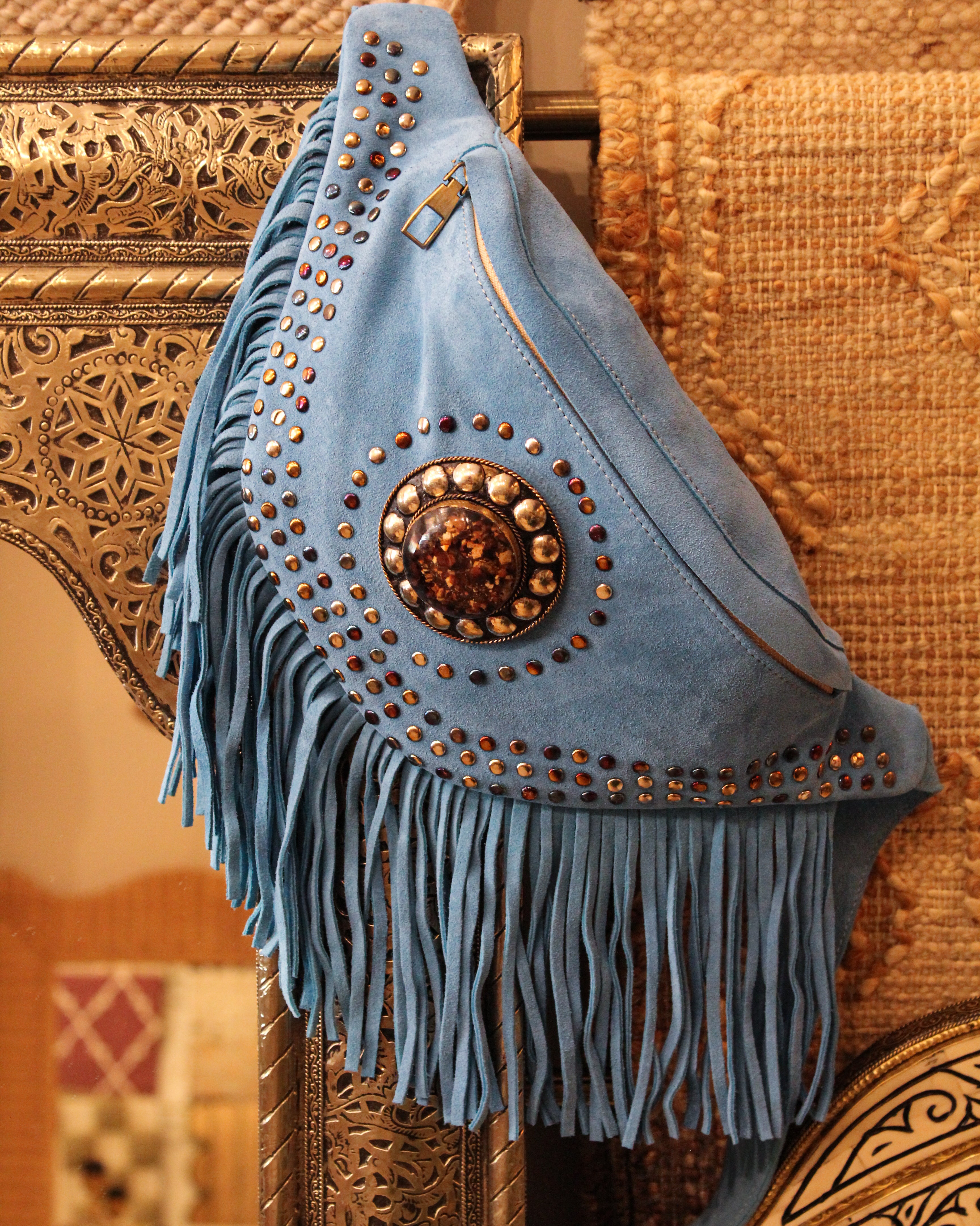 Suede Fringe Bum Bag - Sky Blue