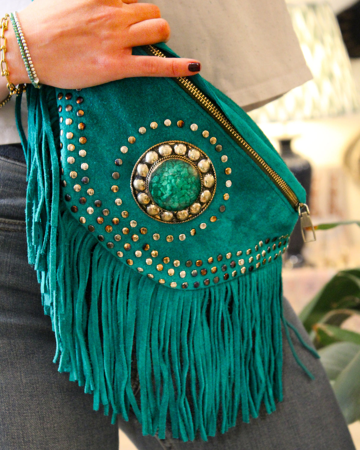 Suede Fringe Bum Bag - Sea Green