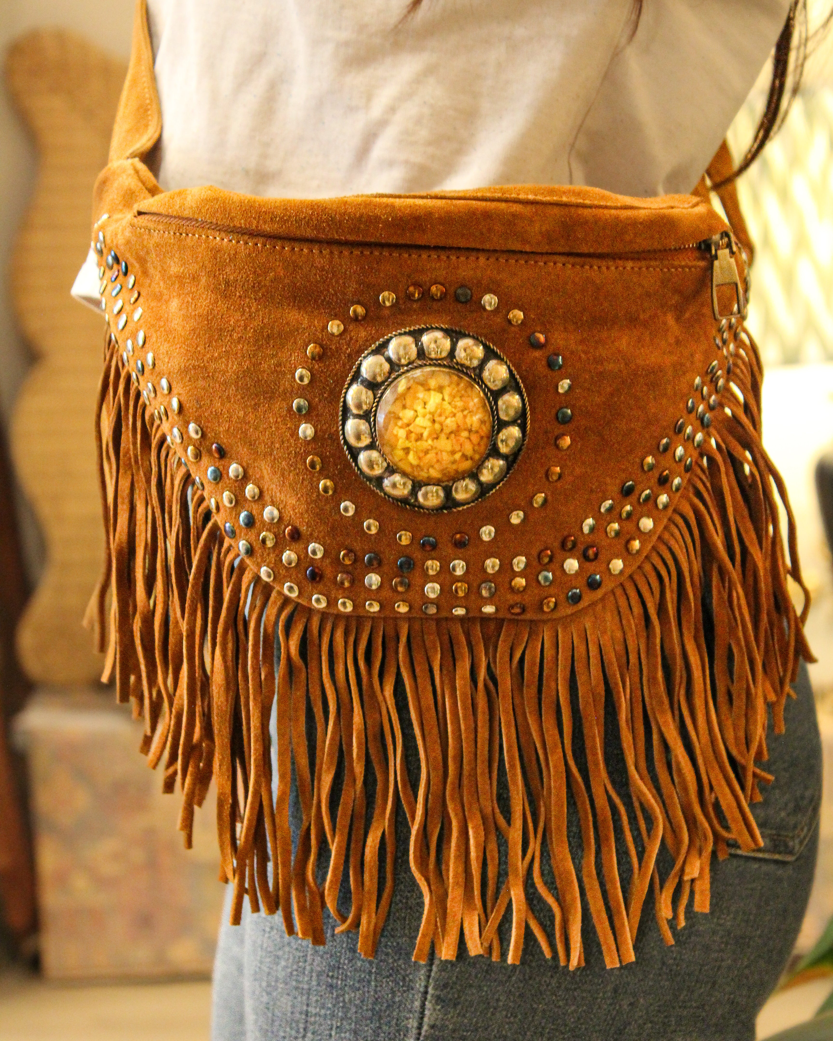 Suede Fringe Bum Bag - Tan