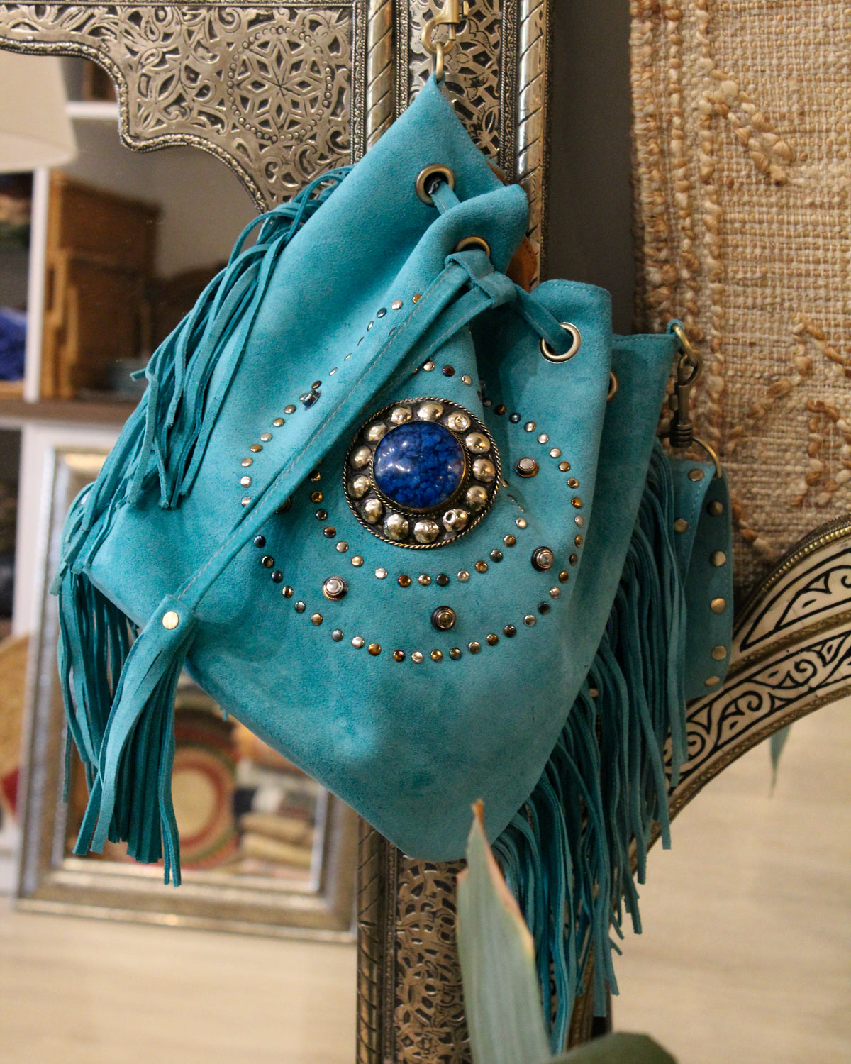 Suede Fringe Bucket Bag - Turquoise