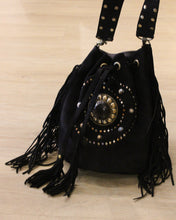 Load image into Gallery viewer, Suede Fringe Bucket Bag - Black
