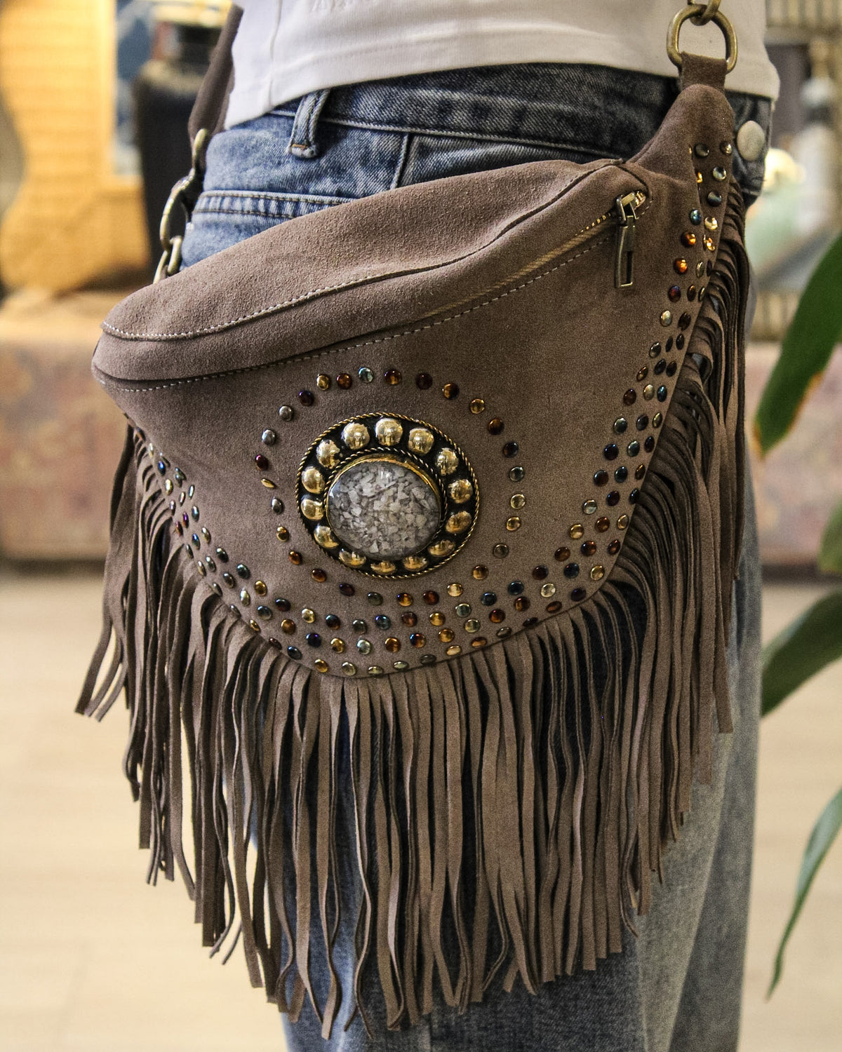 Suede Fringe Bum Bag - Taupe