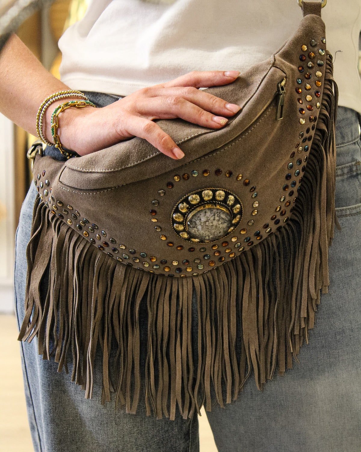 Suede Fringe Bum Bag - Taupe
