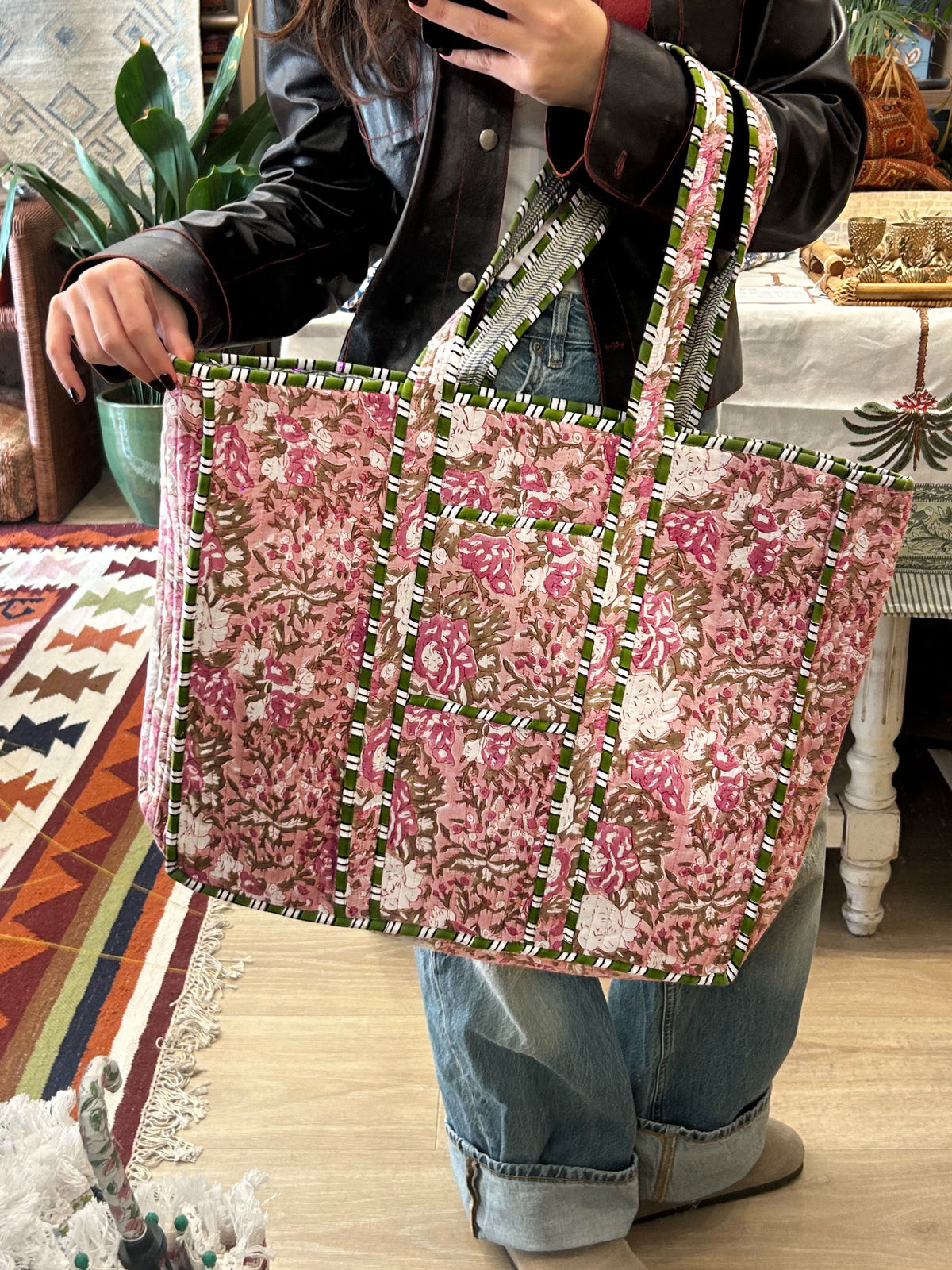 Blockprint Bag - Pink & Green Floral