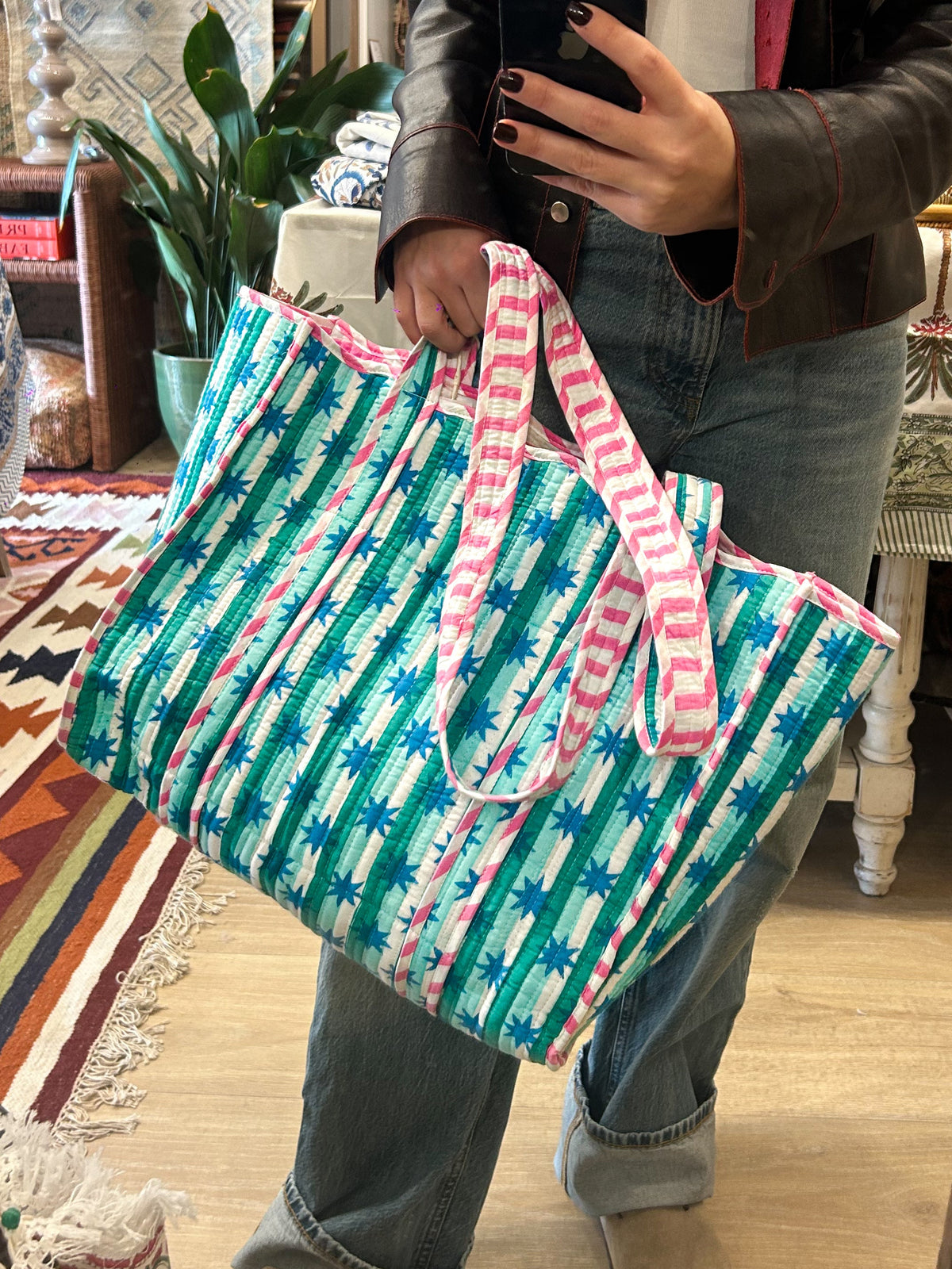 Blockprint Bag - Pink & Blue Star