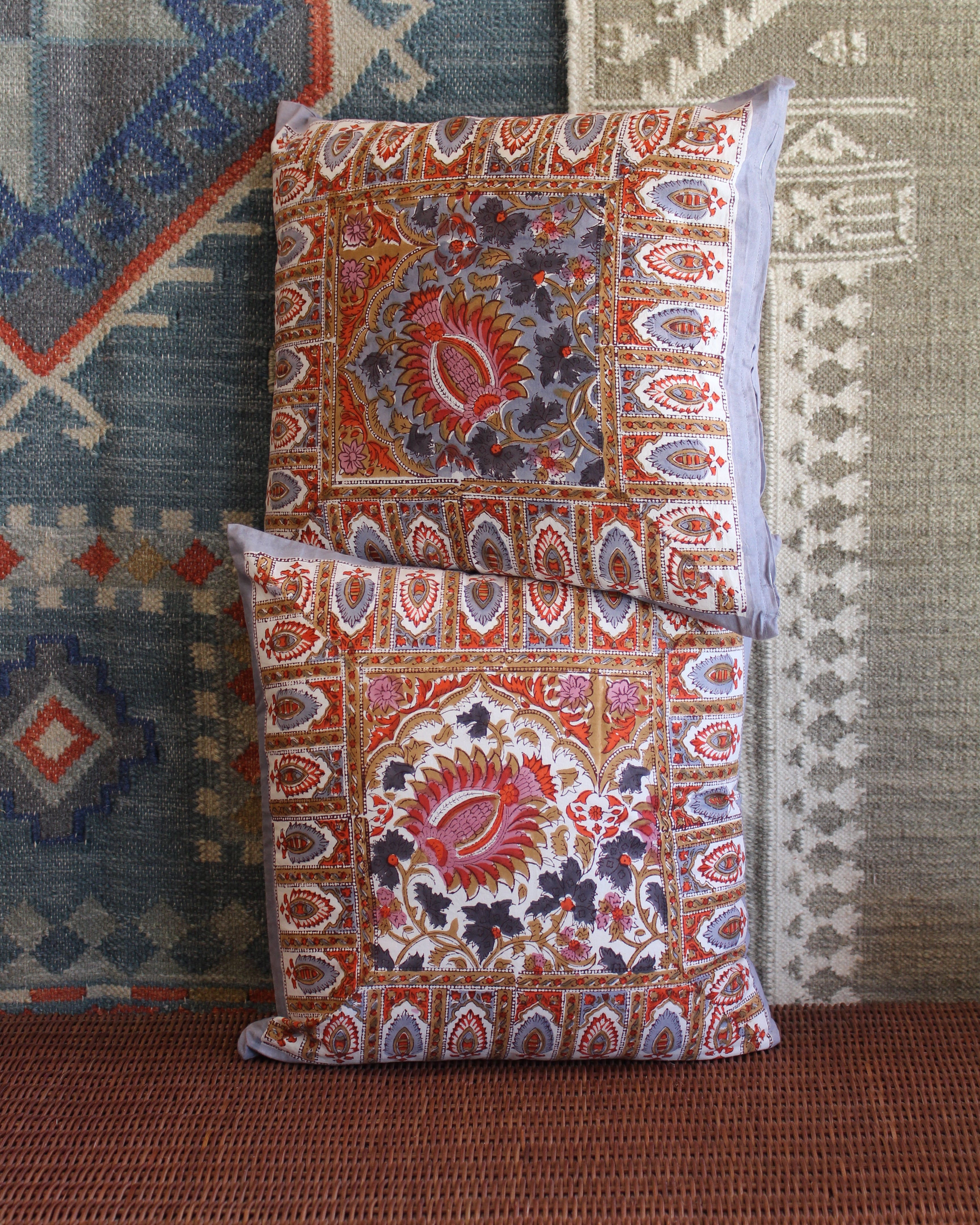 Blockprint Cushion Cover Set - Violet & Tangerine Garden