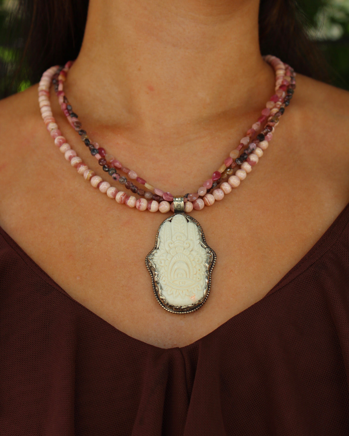 Bone Hamsa Rhodonite Necklace