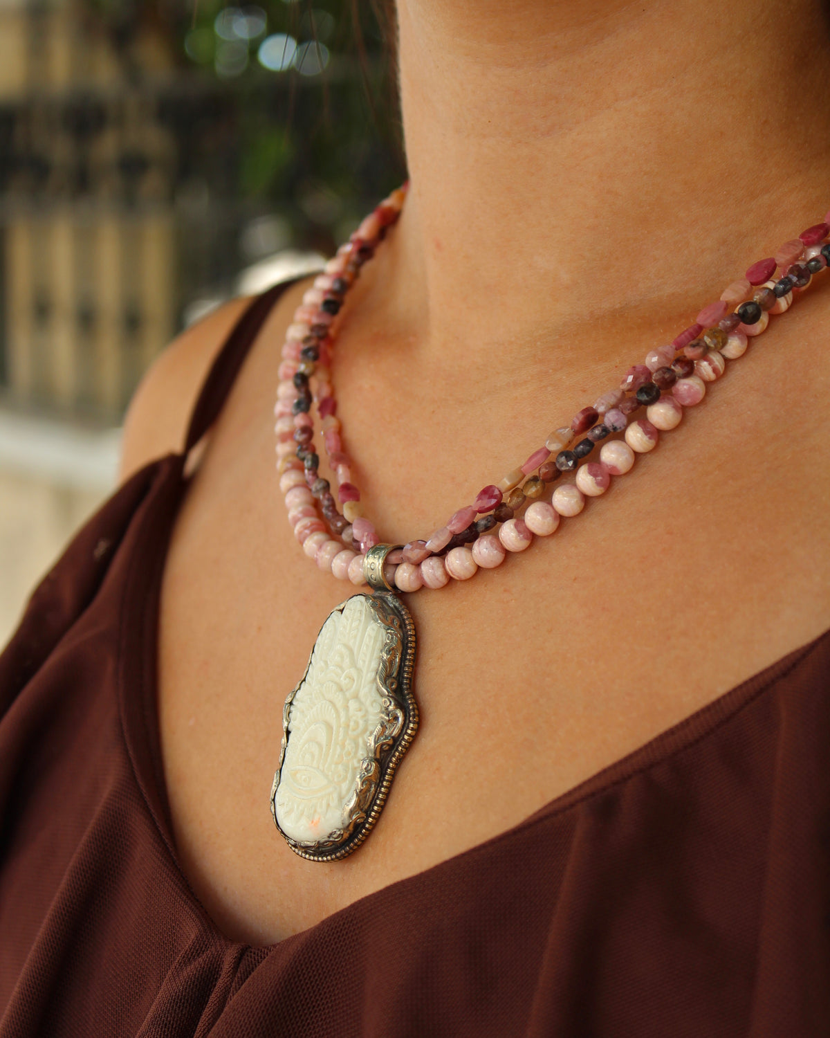 Bone Hamsa Rhodonite Necklace