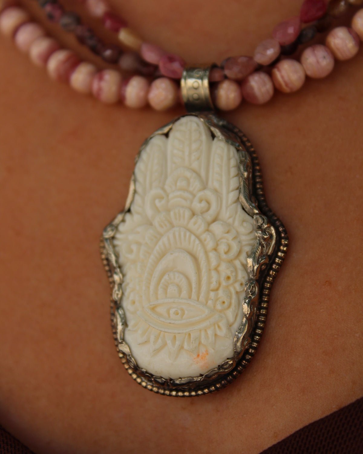 Bone Hamsa Rhodonite Necklace