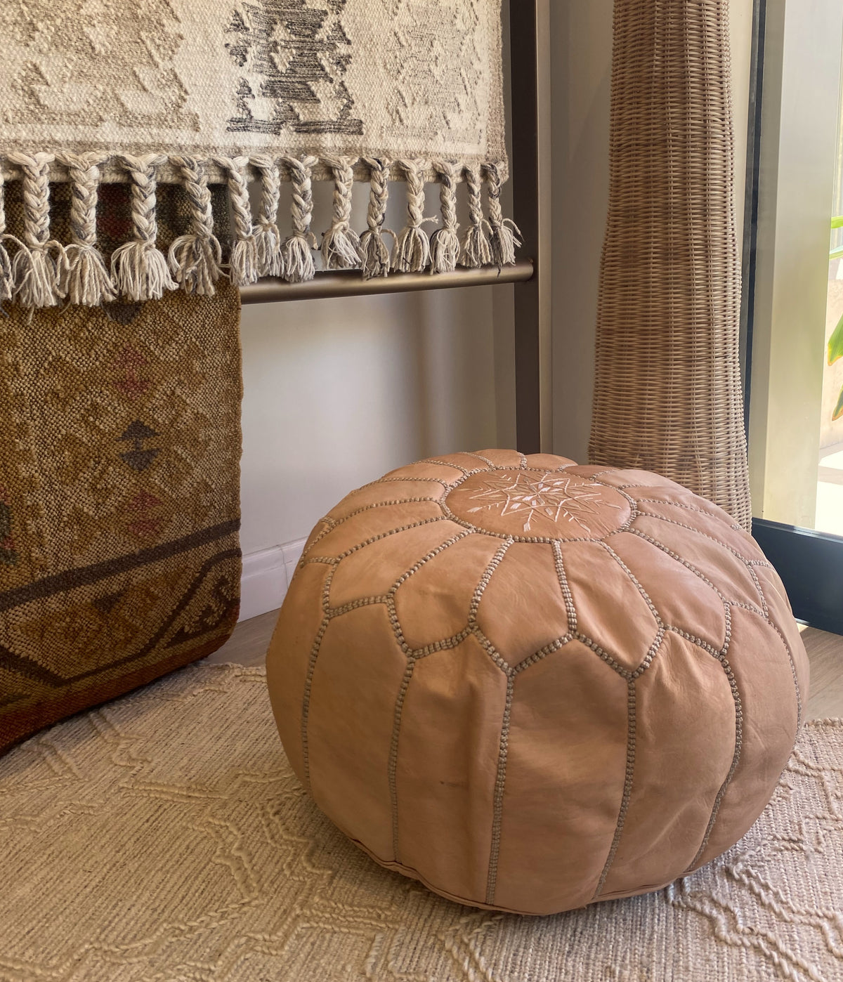 Moroccan Leather Pouffe - Baby Pink