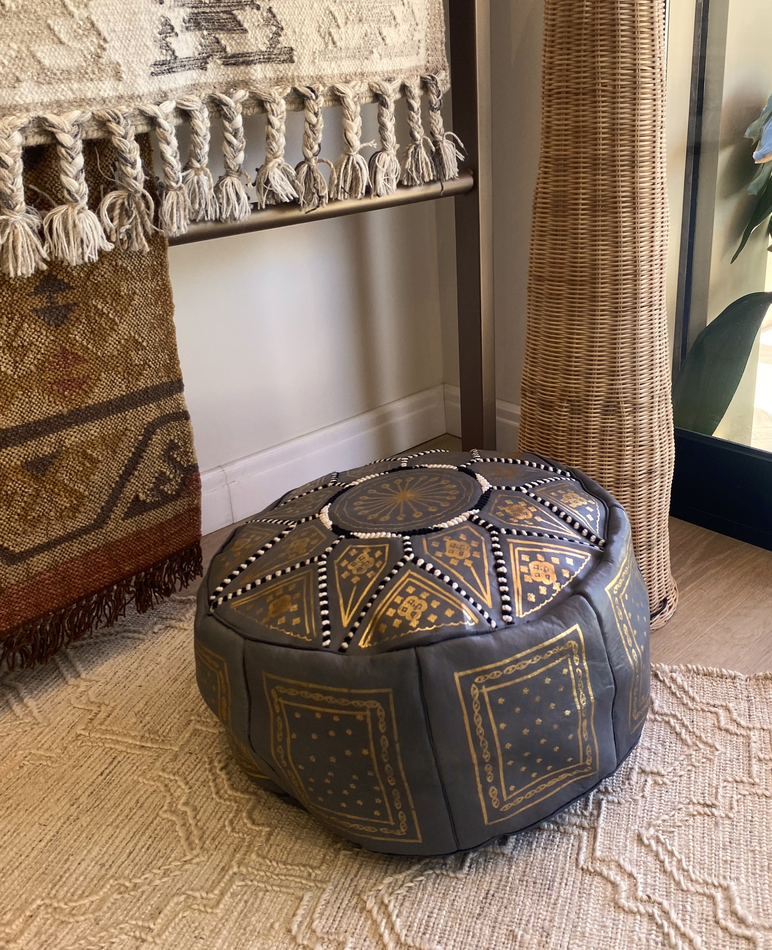 Moroccan Leather Pouffe - Grey Gold