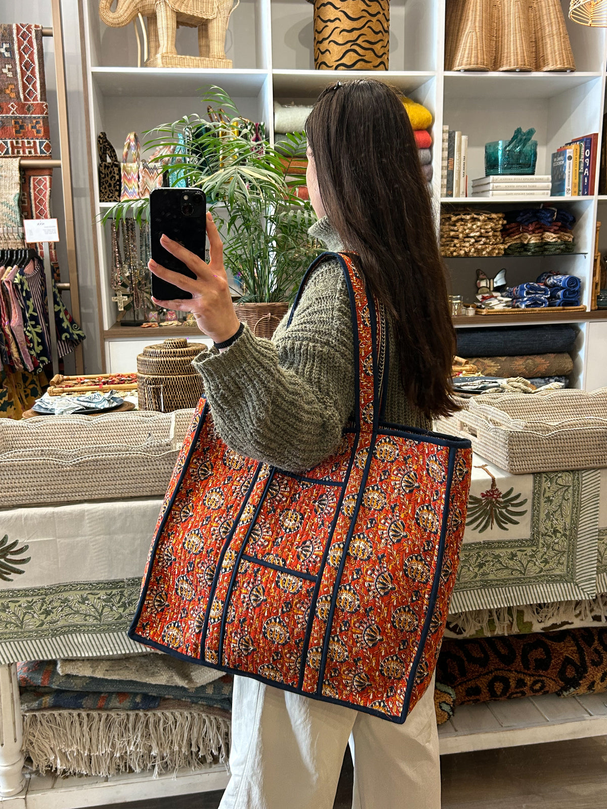 Blockprint Bag - Crimson & Navy Floral