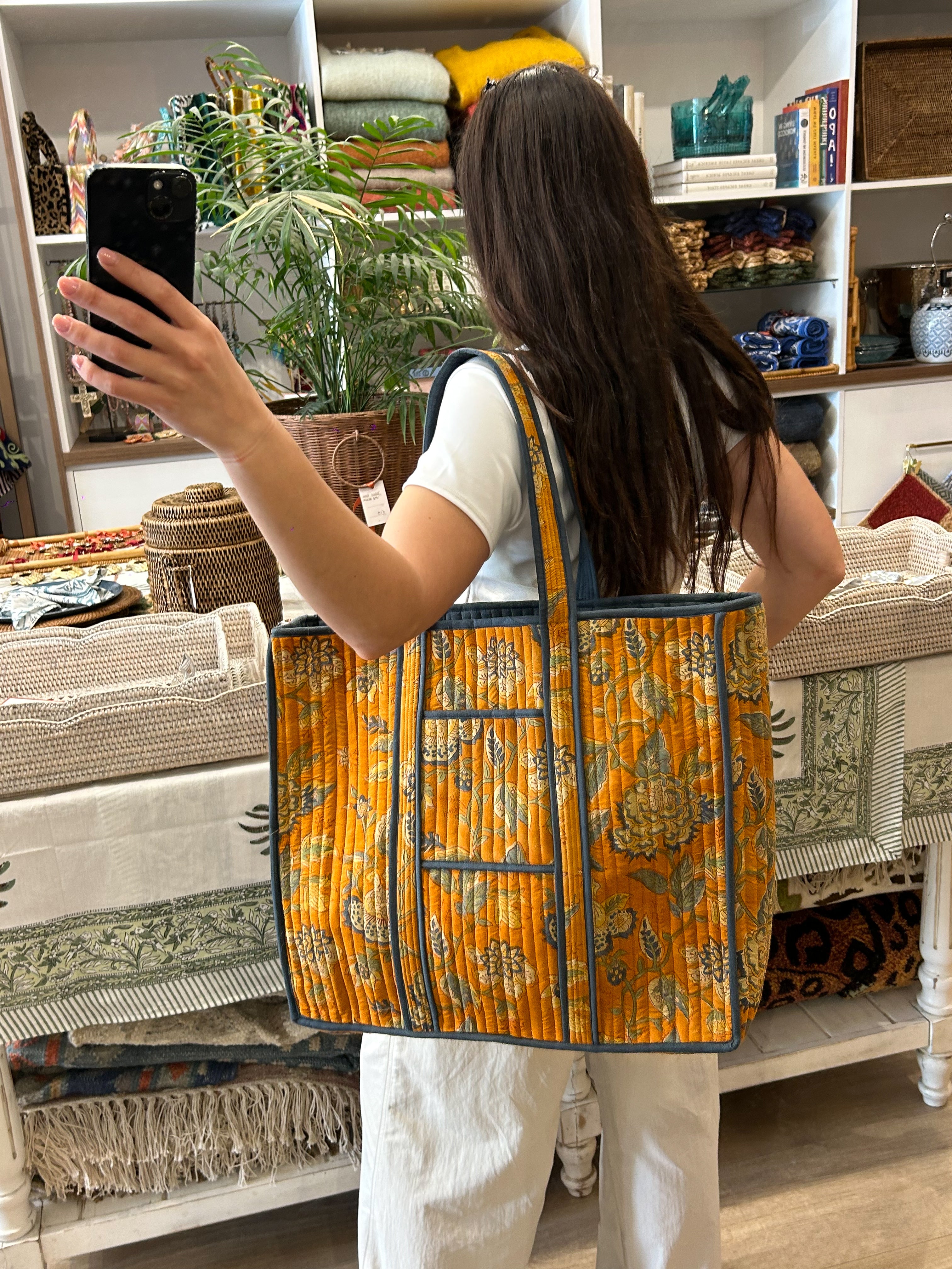 Blockprint Bag - Amber & Blue Floral