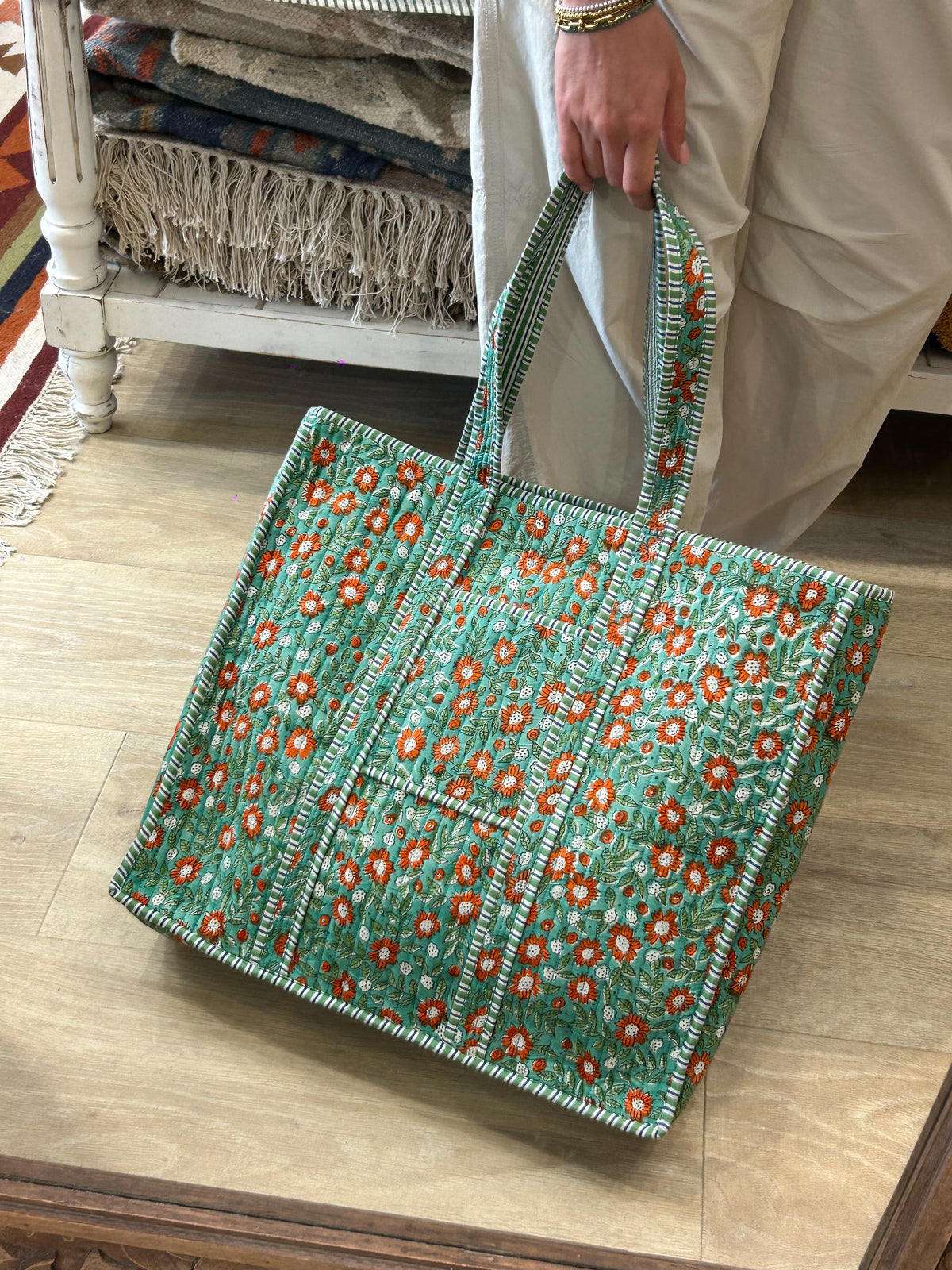 Blockprint Bag - Soft Mint & Tangerine Floral