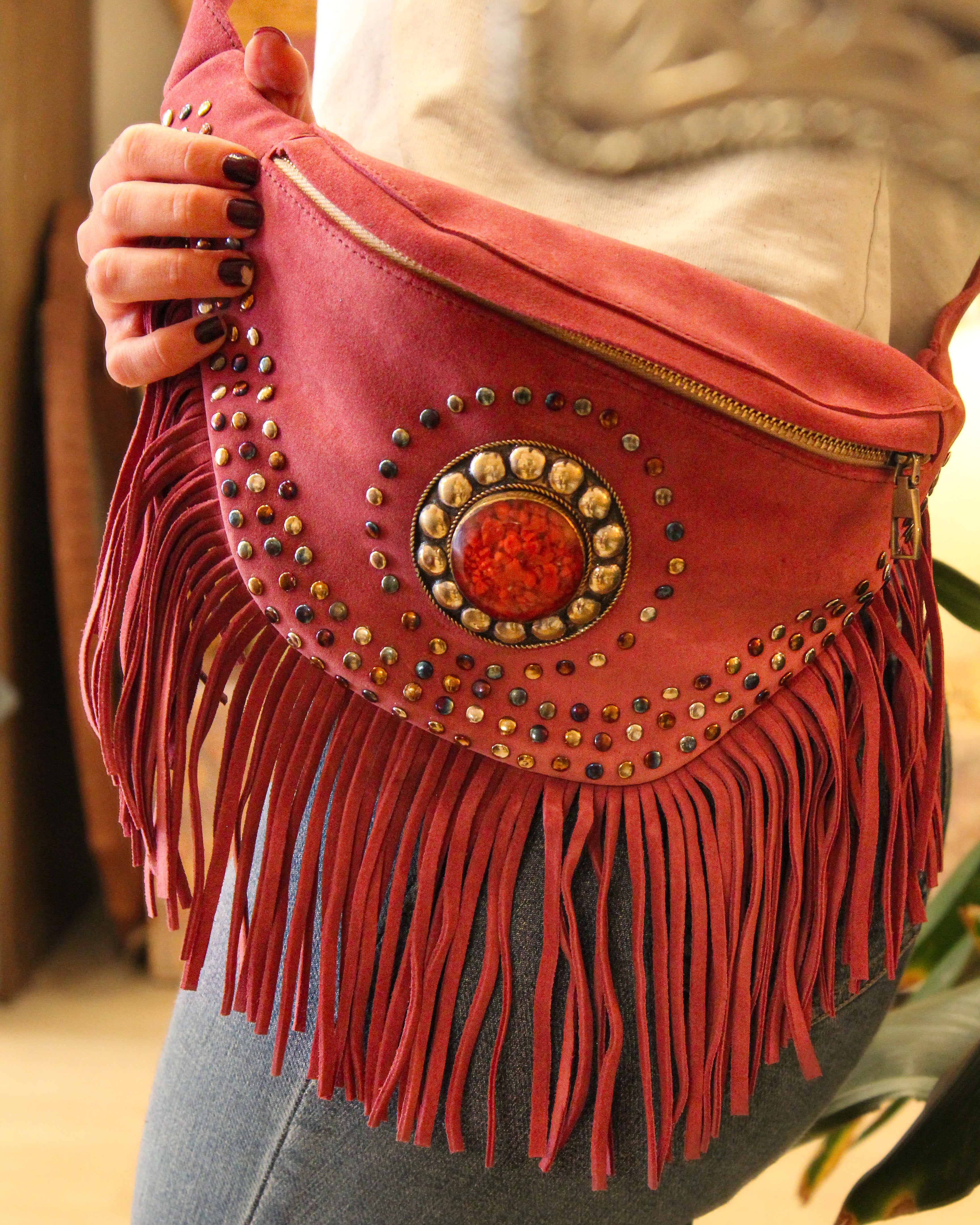 Suede Fringe Bum Bag - Dusty Pink