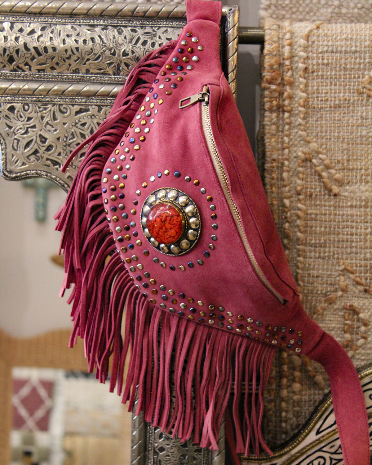 Suede Fringe Bum Bag - Dusty Pink